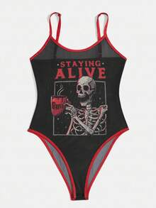 Y2Kool Eduely 艺术家风格暗黑骷髅字母图案撞色包边网纱吊带连体衣，适合夏季、假日、度假、海滩、音乐节、伊比沙岛等场合，秋季休闲外出搭配，时尚服装系列，新年装扮，辣妹风黑红上衣，春季服装，女士生日装，女士狂欢节服装。 - 黑色 - 查看 3