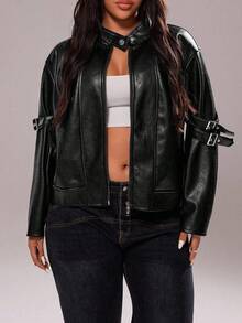 Rustia Chaqueta con cuello alto y cremallera de unicolor y textura de piel sintética para tallas grandes - Negro - Ver 5