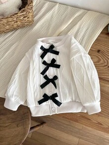 SHEIN Áo len cardigan dệt kim họa tiết nơ thời trang tối giản cho bé gái, Xuân/Thu - trắng - Xem 4