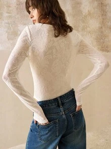 INAWLY Body de mujer con estampado sólido y floral transparente, pieza elegante y sexy para capas - Blanco - Ver 2