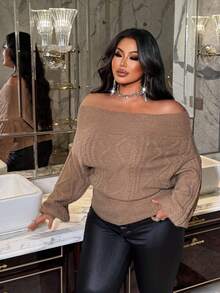 NU&NOW Plus Size Women's Off Shoulder Cable Knit Diamond Pattern Pullover Sweater Fall Winter Cloth For Women Autumn - Khaki - View 3