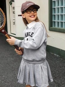 Hanevo 2pcs/Set Tween Girl American College Style Collared Shirt With English Letter Print & Pleated Skirt, Casual Sweatshirt Set - Light Grey - View 5