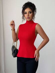 Elenzga 1pc Women's New Arrival Sleeveless Turtleneck Fitted Hem Ruffle Knit Casual Tank Top - Red - View 5