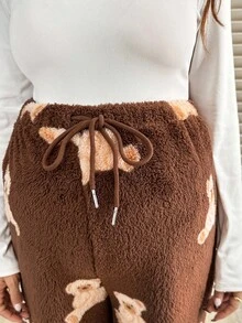 SHEIN Pregnant Women's Cute Teddy Bear Pattern Drawstring Pants For Home Winter Clothes For Women Brown Pants Graphic Pants Thermal Lined And Warm - Mocha Brown - View 7