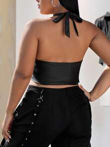 SHEIN EZwear 大尺寸 Pu 皮革無袖短版後繫帶上衣