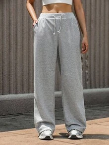 Hanevo 青少年女孩抽绳下摆阔腿直筒休闲休闲裤 - 灰色 - 查看 8
