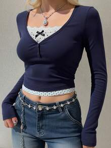 DAZY Blusa de manga larga de mujer con bloques de color, ropa de otoño, blusas lindas - Azul Marino - Ver 3