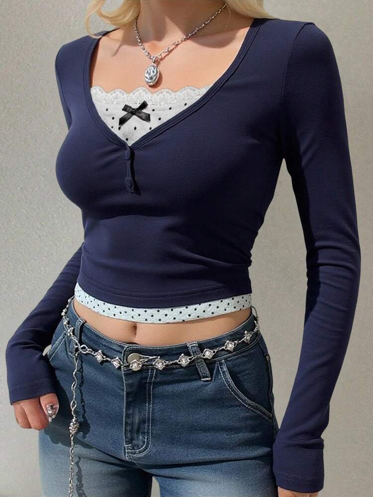 2 In 1 Color-Block Long Sleeve Women Top,Fall Clothes Cute Tops