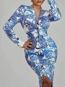 Xyvia Women's Elegant Printed Long Sleeve Dress Fall Cloth For Women