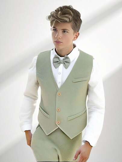 SHEIN Conjunto formal de 3 piezas de estilo coreano para niño preadolescente: Chaleco entallado + Pantalones rectos casuales + Moño desmontable. Adecuado para galas, presentaciones, recitales de piano, fiestas, pasarela, bautizos y ocasiones de negocios. Ideal para las temporadas de primavera/otoño. Aplicable para cumpleaños, Navidad, bodas, graduaciones, etc.