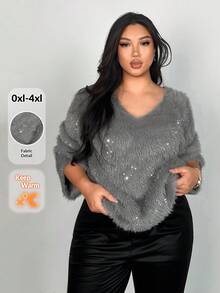 Firerie Plus Size Women's Grey Elegant V-Neck Fuzzy Pullover Sweater High-Elastic Trumpet Sleeve Knitwear Party, Wedding & Casual Commuting, Fall/Winter - Grey - View 2