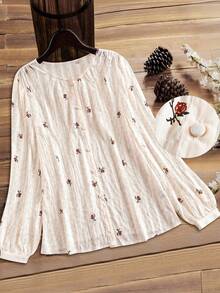 SHEIN LUNE 大码女式复古亚麻休闲通勤购物度假四季圆领长袖纹理印花衬衫 - 杏色 - 查看 5