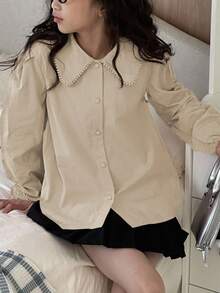 Dazy Kids Tween Girls Solid Color Collared Shirt Long Sleeve Tops - Khaki - View 3