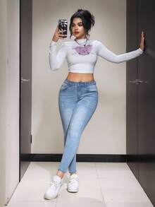 SHEIN PETITE 女式休闲日常水洗斜口袋紧身牛仔裤 - 淺色水洗藍 - 查看 3