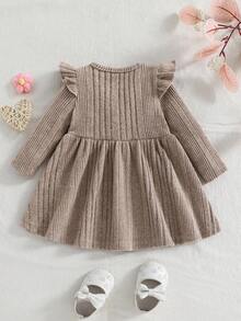 Vestido de manga larga de punto elástico de unicolor minimalista y lindo para bebé recién nacida - Albaricoque - Ver 2