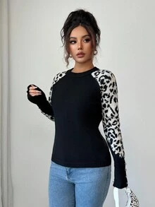 Elenzga Women's Fashionable Leopard Print Patchwork Pearl Button Raglan Sleeve Fitted Knit Sweater - Black - View 6