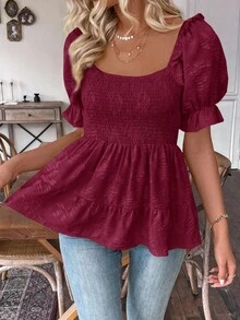 SHEIN LUNE 女式泡泡袖上衣，配收腰荷叶边上衣 - 酒紅色 - 查看 3