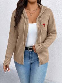 SHEIN Plus Size Women Zipper Hooded Embroidered Lucky Heart Elegant Cardigan Sweater Fall Winter Cloth For Women Autumn