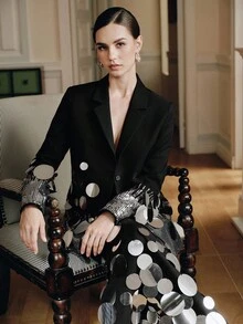 Anewsta Áo khoác Blazer đính cườm và sequin thủ công thanh lịch, phù hợp cho việc đi lại hàng ngày, mùa xuân/thu - màu đen - Xem 6