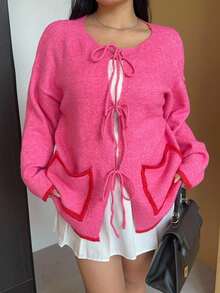 Sunnyshic Damen Große Größen Kontrast Saum Tasche Schleife Vorne Strickjacke, süß & lässig