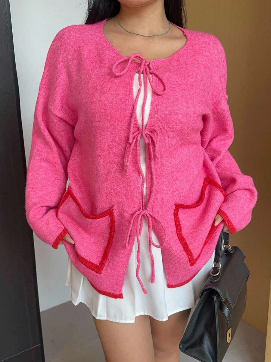 Sunnyshic Damen Große Größen Kontrast Saum Tasche Schleife Vorne Strickjacke, süß & lässig