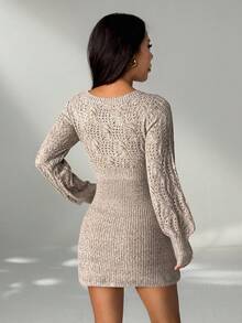 SHEIN PETITE Women Autumn/Winter Knitted Long Sleeve Sweetheart Neck Short Sweater Dress,Women's Solid Color V Neck Long Sleeve Simple Short Casual Sweater Dress, Winter Clothes For Women,Thanksgiving Outfit For Women,Brown Skirt,Casual Outfit For Women,Elegant Dresses For Ladies