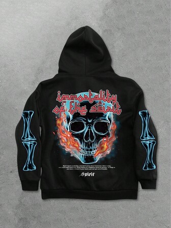 Goth Men's Black Hoodie With Comfortable Flame Skull Graphic Print