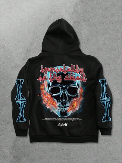 Goth Men's Black Hoodie With Comfortable Flame Skull Graphic Print