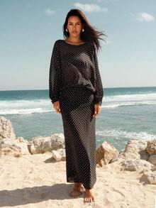 女式休闲度假风格波尔卡圆点印花灯笼袖露背开衩下摆连衣裙，春秋 - 黑色 - 查看 3