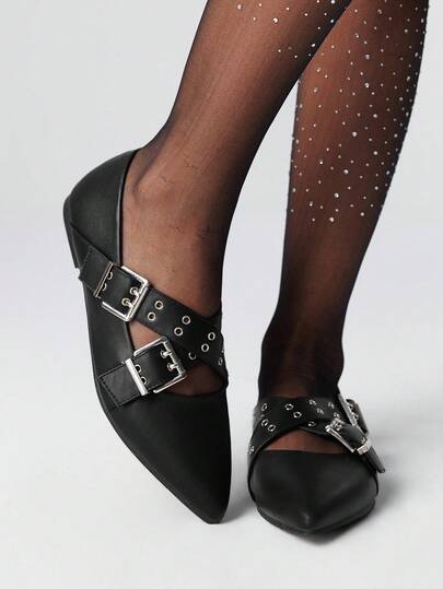 Grunge Punk Women's Pointed Toe Criss-Cross Square Studded Punk Chic Fashionable Sexy Adjustable Slip-On Comfortable Flat Shoes For Daily, Work, Party