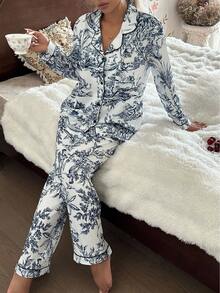 CottageSlumber Chinese Style Figure & Landscape Print Long Sleeve Pajama Set With Collar Matching Lounge Sets, Toile Print Pajamas Blue And White Pajamas Set, Fall Winter Clothes Cozy And Elegant Details - Multicolor - View 3
