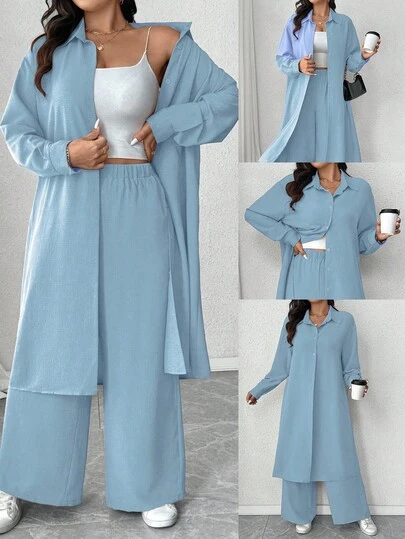 Elenzga Plus Size Pleated Textured Fabric Collared Long Sleeve Long Shirt And Loose Straight Leg Pants Two Pieces Casual Outfit