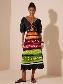 Travachic 女士度假休闲撞色印花镂空连衣裙 - 黑色 - 查看 3