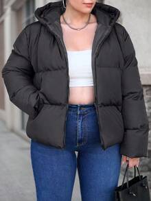 RueChic Plus Size Zip Up Hooded Puffer Coat, For Winter - Black - View 6