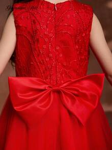 Glamorique Kids 四季女童演出派对礼服，大红色薄纱泡泡裙，无袖蕾丝边宴会礼服，后背蝴蝶结装饰优雅公主礼服 - 紅色 - 查看 5