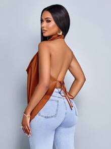 SOLERSUN Áo vest dệt vải dệt kim cổ chữ V sâu màu mơ bóng dành cho nữ mùa xuân và mùa hè, áo vest hở lưng, cổ bẻ, viền cong - Rỉ Nâu - Xem 2