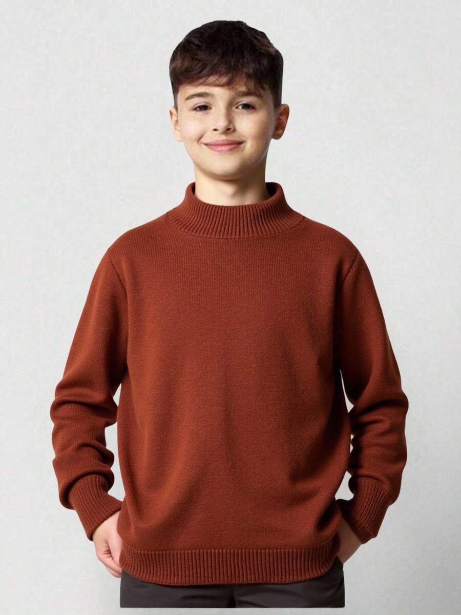SHEIN Tween Boy Solid Color Turtleneck Pullover Sweater,Back-To-School Casual School Shades Of Brown,Autumn Winter Versatile Outdoor Gathering Knitwear - Brown - View 1