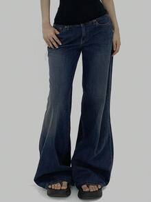 DAZY 女款复古高腰喇叭牛仔裤，设计感十足的高腰修身垂坠长裤 - 藏蓝色 - 查看 6