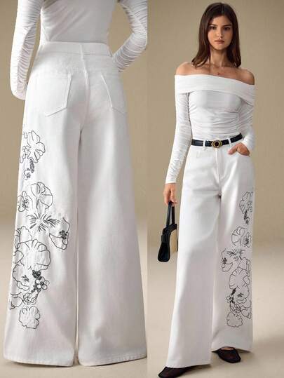 Selenza 女士休闲通勤花卉刺绣宽松阔腿牛仔裤