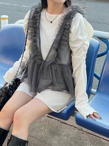 FRIFUL 女士灰色纯色透视网纱荷叶边抽绳褶皱休闲背心，秋季百搭 - 灰色 - 查看 1