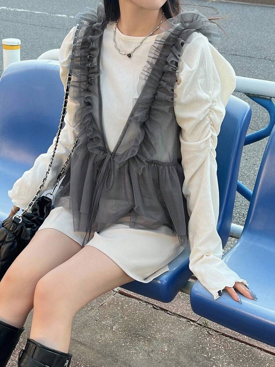 FRIFUL 女士灰色纯色透视网纱荷叶边抽绳褶皱休闲背心，秋季百搭 - 灰色 - 查看 1