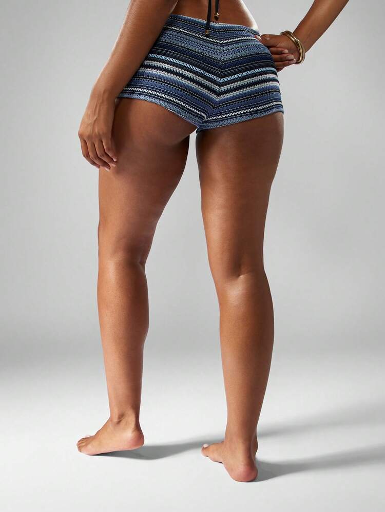 MISSGUIDED Woven Beach Booty Shorts Striped Summer Crochet Pattern Low Rise Hot Pants Bikini Bottom Cover Up Festival Holiday Swimwear Poolside Vacation Beachwear