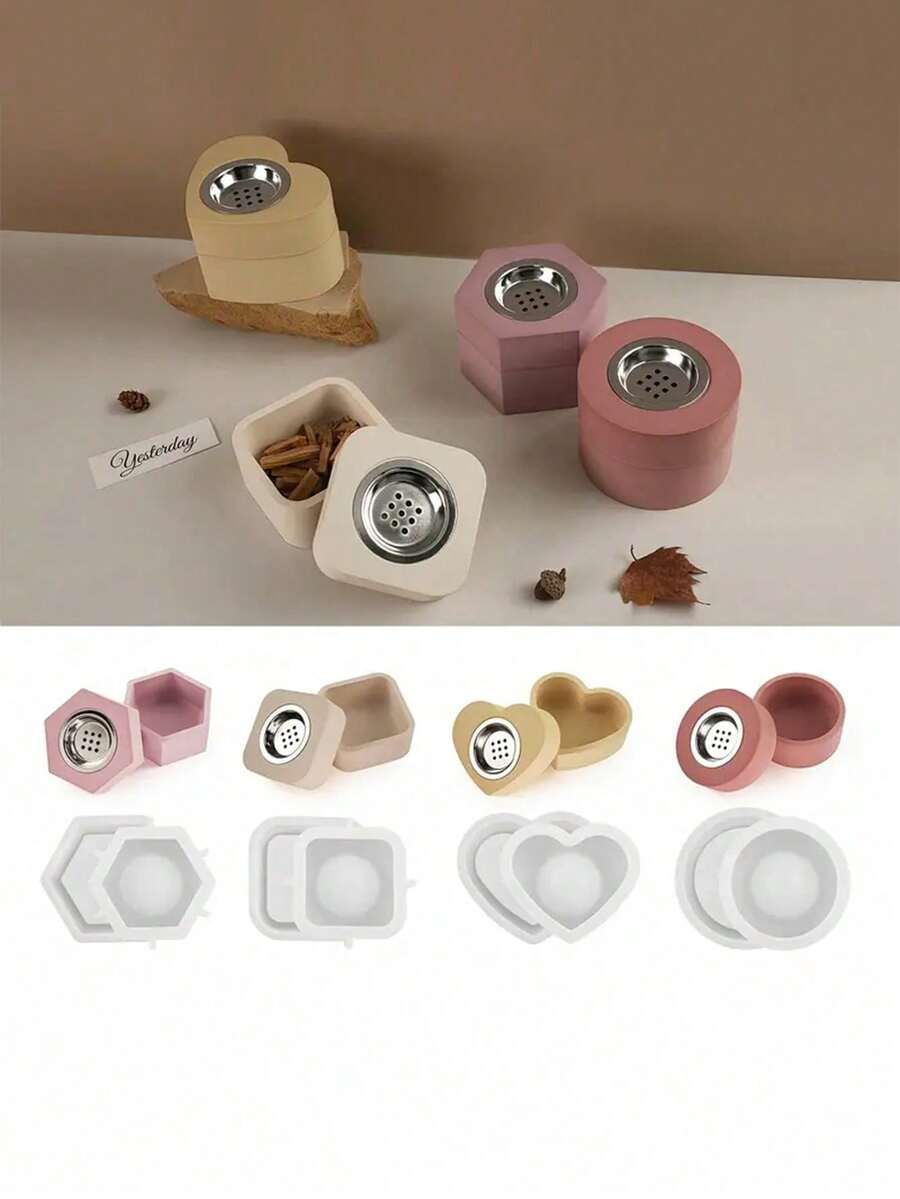 1set Incense Burner Concrete Silicone Mold Square Round Hexagon Heart Furnace Diffuser Storage Mould DIY Resin Craft Molds Home Decor - White - View 1