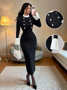 Elenzga Women's Elegant Ruffle Trim Contrast Color Button Knit Bodycon Long Dress, Office Wear Work Dress, Little Black Dress, Autumn Fall Cloth For Women, Christmas