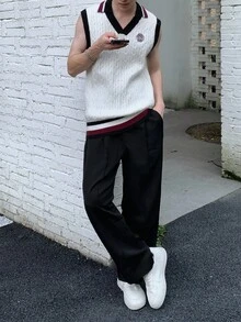 Manfinity EZcore 男士休闲通勤撞色边饰麻花针织毛衣背心，秋冬 - 白色 - 查看 8