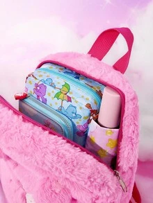 SHEIN X Care Bears 1个迷你可爱卡通毛绒背包，可调节肩带，适合青少年、女孩，四季皆宜，秋冬季爱心熊、彩虹熊、友谊图案 - 粉色 - 查看 3