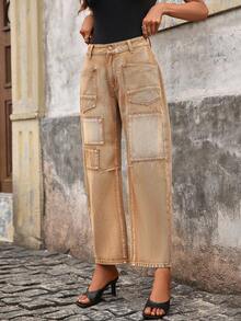 SHEIN LUNE بنطلون جينز ذو أرجل مستقيمة وجيوب متعددة - أصفر - مشاهدة 4