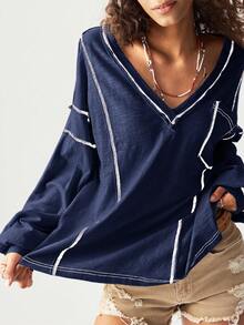 Bohemela 大码女式休闲时尚街头 V 领撞色针脚拼布口袋宽松 T 恤，春/秋 - 藍色 - 查看 8