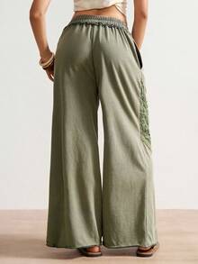 Bohemela Casual Solid Color Knit Loose Wide-Leg Women Pants Wide Leg Pants Loose Pants Lace Up Pants Boho Pants Eyelet Pants - Army Green - View 4