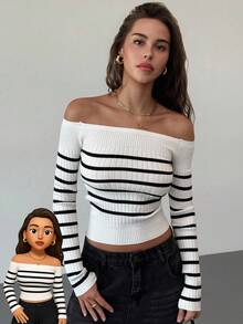 Aloruh 女士新款秋冬露肩简约时尚街头潮流撞色黑白条纹修身短款针织上衣 - 白色 - 查看 2